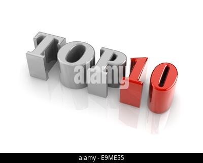 Texte 3d réflexion TOP10 isolé sur fond blanc. Banque D'Images