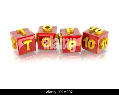 Texte 3d jaune TOP10 on reflective cubes rouges. Banque D'Images