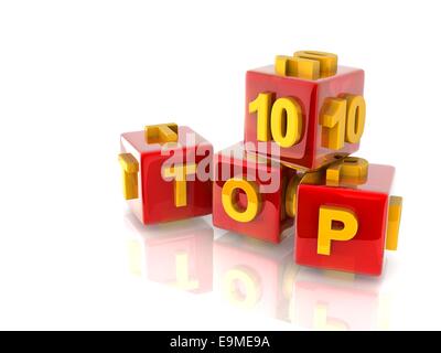Texte 3d jaune TOP10 on reflective cubes rouges. Banque D'Images