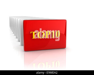 Texte 3d jaune TOP10 sur Red Cube réfléchissant Banque D'Images
