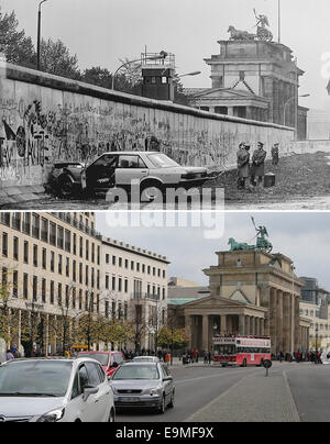 Le tableau montre une voiture démolie au mur de Berlin, près de la porte de Brandebourg le 18 septembre 1987 (en haut) et le même emplacement plus de 25 ans plus tard, le 15 octobre 2014 à Berlin, Allemagne. Photo : Wolfgang Kumm/dpa Banque D'Images