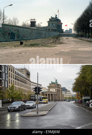 L'image composite montre la porte de Brandebourg vue depuis le côté ouest près du Reichstag entre Scheidemannstrasse Porte de Brandebourg en février 1988 (en haut) et le même emplacement sur 9 Octobre 2014 à Berlin, Allemagne. Photo : Gerhard Kerschke/Lukas Schulze/dpa Banque D'Images