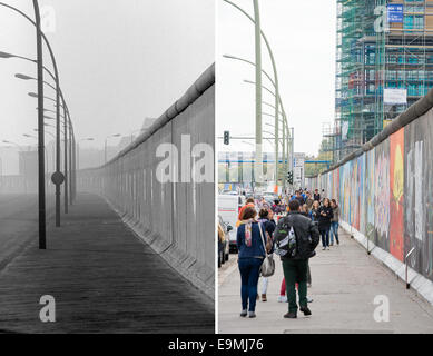 Le tableau montre une section du mur de Berlin le Muehlenstrasse le 25 janvier 1990 (en haut) et au même endroit, aujourd'hui connu sous le nom de East Side Gallery, le 10 octobre 2014 à Berlin, Allemagne. La East Side Gallery sert de nos jours comme de l'étiquette pour autour de 118 divers artistes à présenter leurs peintures murales. Photo : Eberhard Kloeppel/Lukas Schulze/dpa Banque D'Images