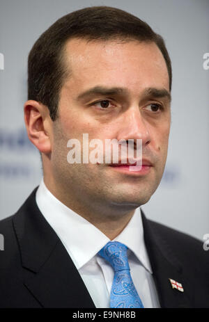 Berlin, Allemagne. 30Th Oct, 2014. Le ministre de la Défense géorgien Irakli Alasania fait une déclaration peu de temps après avoir été accueilli par le ministre de la défense allemand à Berlin, Allemagne, 30 octobre 2014. © AFP PHOTO alliance/Alamy Live News Banque D'Images