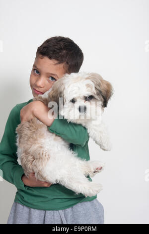 Young boy holding shih tzu terrier puppy Banque D'Images