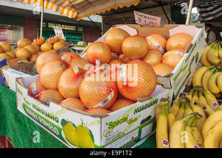 Fort de pomelos, ou Citrus maxima, assis sur un étal du marché Banque D'Images