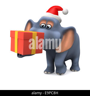 3D render of a cartoon style elephant portant un cadeau de Noël Banque D'Images