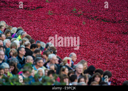 Londres, Royaume-Uni. 30Th Oct, 2014. Dernier message par du sang a balayé les terres et les mers de rouge - Les noms des morts sont lus et un clairon dernier message au milieu d'une mer de coquelicots en céramique - ils forment une oeuvre dans les douves de la Tour de Londres à l'occasion du centenaire de la première guerre mondiale. Ils ont été créés par la société commerciale Paul Cummins céramique, un véhicule de l'artiste. Tour de Londres, 30 Oct 2014. Crédit : Guy Bell/Alamy Live News Banque D'Images