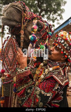 Le Rajasthan, Inde. 31 octobre, 2014. Artiste de l'Ashok Tak interagit avec un chameau pendant un chameau à la décoration juste chameau à Pushkar du Rajasthan, Inde, le 31 octobre 2014. Des milliers de commerçants de bétail venu à la traditionnelle foire annuelle de chameau où le bétail, principalement des chameaux, sont échangées. Ce salon est l'une des plus grandes foires de chameau. Credit : Zheng Huansong/Xinhua/Alamy Live News Banque D'Images