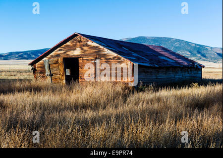 Ranch abandonné sur bâtiment Monte Vista National Wildlife Refuge, centre du Colorado, USA Banque D'Images