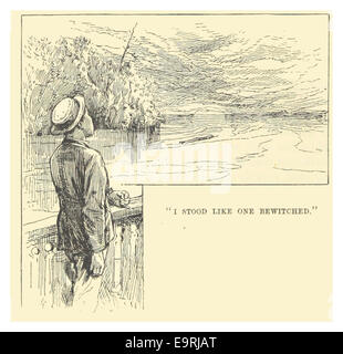 Cet extrait de 1883 de Mark Twain *The Adventures of Huckleberry Finn* décrit une scène où le protagoniste est captivé par un spectacle impressionnant ou enchanteur, capturant l'esprit et le style de narration vif de Twain. Banque D'Images