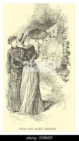 Un passage de 1883 de l'œuvre de Mark Twain mettant en vedette sa célèbre citation 'Wait and Make certain'. L’illustration complète l’esprit et le style littéraire de Twain, reflétant son influence sur la littérature américaine. Banque D'Images