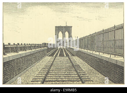 Cette illustration de 1883 présente une vue détaillée des ponts de New York et de Brooklyn, mettant en évidence le design emblématique de la structure et l’importance du pont pour relier les deux arrondissements de New York. Banque D'Images