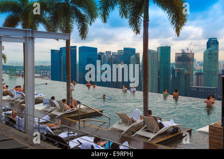 Le centre-ville du quartier financier central vu de la piscine à débordement du Marina Bay Sands , Singapour Banque D'Images