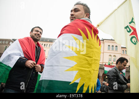 Oslo, Norvège. 06Th Nov, 2014. Maintenez l'homme kurde drapeaux en tant que réfugiés et leurs partisans d'Oslo inondation Youngstorget Plaza dans le cadre de rassemblements à l'échelle mondiale en solidarité avec la ville syrienne assiégée de Kobani que est devenu le centre de la guerre soutenu par l'Occident contre l'Etat islamique d'insurgés, le 1 novembre 2014. Credit : Ryan Rodrick Beiler/Alamy Live News Banque D'Images