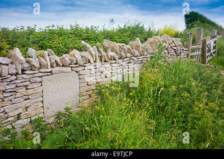 Une plaque ('La main des strates) dans un mur en pierre sèche sur le South West Coast Path à West Hill dans le Dorset, Angleterre, RU Banque D'Images