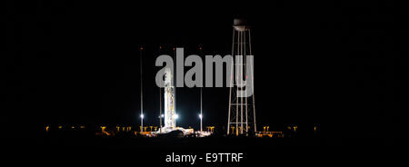La fusée Orbital Sciences Antares, transportant le vaisseau spatial Cygnus, a été élevée en position verticale au Launch Pad-0A à Wallops Flight Facility de la NASA en Virginie en préparation de la mission de ravitaillement Orbital-3 à la Station spatiale internationale. Banque D'Images