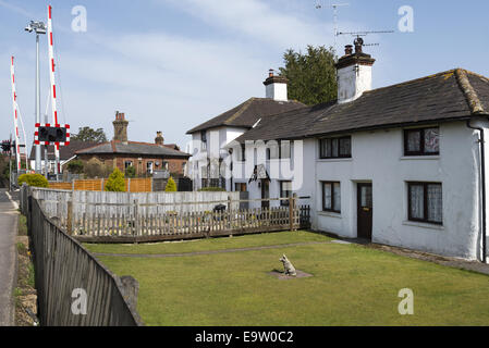 Cottages blancs à côté du passage à niveau de Brockenhurst, New Forest, Hampshire, Angleterre Banque D'Images