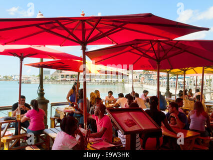 Les gens assis à un café dans le Caudan Waterfront, Port Louis, Ile Maurice Banque D'Images