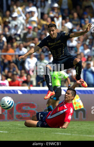 La ville de Mexico, Mexique. 2e Nov, 2014. Ismael Sosa (ci-dessus) de l'UNAM Pumas de l'EDDV la balle avec Adrian Cortes de Veracruz pendant le match de la journée 15 du tournoi d'Ouverture 2014 de la Ligue MX, dans le stade de l'Université Olympique, dans la ville de Mexico, capitale du Mexique, le 2 novembre 2014. © Bernardo Maldonado/Xinhua/Alamy Live News Banque D'Images