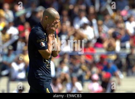 La ville de Mexico, Mexique. 2e Nov, 2014. Dario Veron de Pumas UNAM réagit pendant le match de la journée 15 du tournoi d'Ouverture 2014 du MX Ligue contre Veracruz, dans le stade de l'Université Olympique, dans la ville de Mexico, capitale du Mexique, le 2 novembre 2014. © Bernardo Maldonado/Xinhua/Alamy Live News Banque D'Images