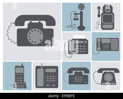 Vector set de lineland accueil téléphones, de l'ancien temps à la radio, les téléphones modernes icônes carrés isolés Banque D'Images