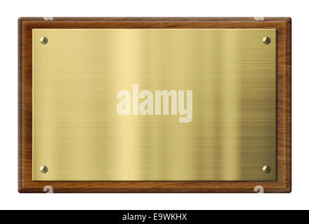 Plaque de bois ou d'or en laiton avec plaque métallique. Chemin de détourage inclus. Banque D'Images