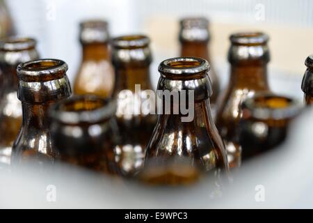 Les bouteilles de bière vides dans l'affaire, l'Allemagne, 17. Octobre 2014. Photo : Frank May Banque D'Images