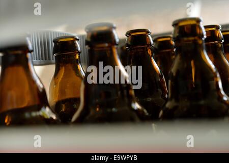 Les bouteilles de bière vides dans l'affaire, l'Allemagne, 17. Octobre 2014. Photo : Frank May Banque D'Images