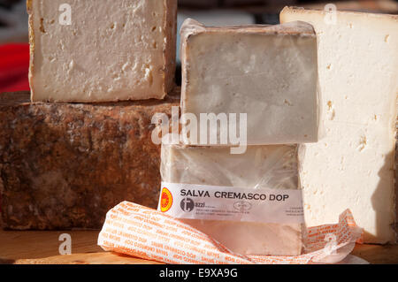 L'Italie, Lombardie, Crema, Salva Cremasco fromage typique TDC pour la vente au stand. Banque D'Images