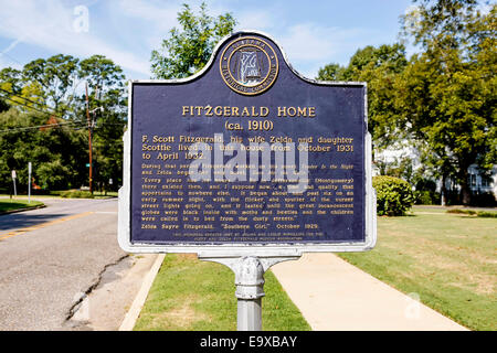 En dehors de la plaque historique Scott et Zelda Fitzgerald accueil et musée à Montgomery, AL Banque D'Images