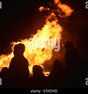 Les enfants regardant un feu organisé Banque D'Images