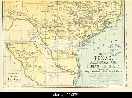 Une carte de 1891 illustrant la configuration géographique du Texas, de l'Oklahoma et du territoire indien, montrant les divisions politiques et territoriales à la fin du XIXe siècle. Banque D'Images