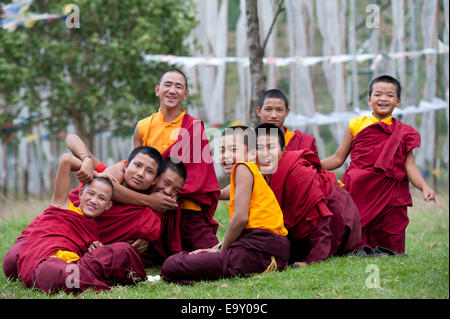 Moines dans un champ à Chimi Lhakhang, district de Punakha, Bhoutan Banque D'Images