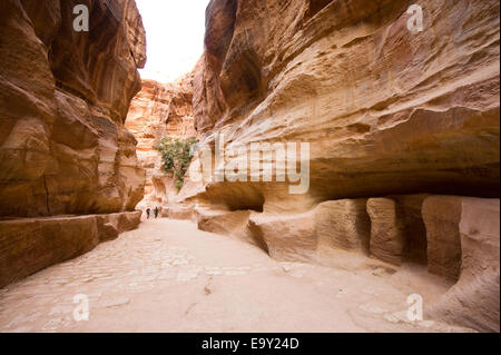 Les touristes sont marcher dans "la Siq'.'La Siq' est une gorge étroite qui conduit les visiteurs à Petra en Jordanie Banque D'Images