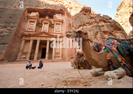 Camel en avant du trésor ou Al Khazna, c'est la plus célèbre et magnifique façade dans Petra en Jordanie Banque D'Images