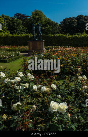 Des roses blanches et le Mémorial Piper Alpha en Hazlehead Park. Banque D'Images