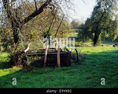 Old farm machinery abandonnés dans un verger abandonné sur une petite ferme dans le sud de la Normandie, Frnace Banque D'Images