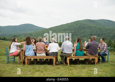 La famille et les amis faire un toast au repas en plein air Banque D'Images