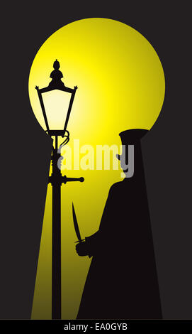 Une silhouette de Jack l'éventreur avec un couteau à la lumière d'une lampe de rue à travers un trou de serrure Banque D'Images