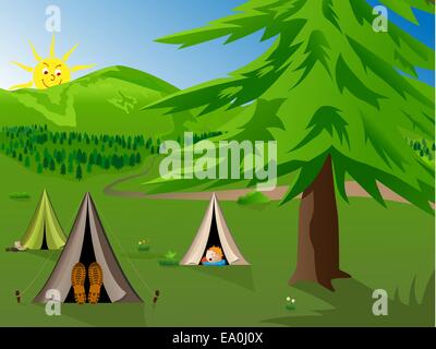 Cartoon vector illustration d'enfants camping à la montagne Illustration de Vecteur