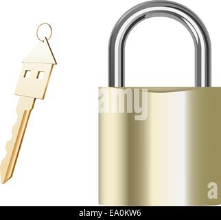 Vector cadenas doré réaliste et la clé sur fond blanc Illustration de Vecteur