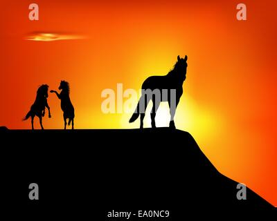 Silhouette de chevaux sauvages dans le coucher du soleil Illustration de Vecteur