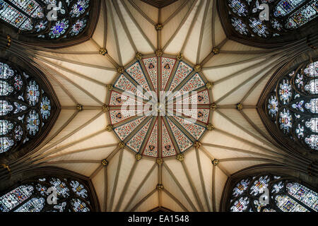 Plafond symétrique très orné de la Maison octogonale du Chapitre de York Minster, York, Angleterre. Plafond voûté et vitraux Banque D'Images