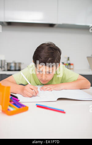 Boy doing homework concentré dans la cuisine Banque D'Images