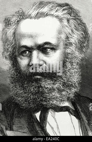 Karl Marx (1818-1883). Philosophe, économiste politique allemand et communiste. Portrait. Gravure de Capuz. Banque D'Images