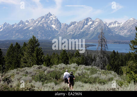 Deux personnes de la randonnée dans la nature sauvage de Grand Teton National Park Banque D'Images