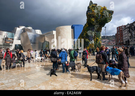 Chiot par Jeff Koons en face de l'entrée principale du Musée Guggenheim Bilbao. Conçu par l'architecte Frank Gehry, canado-américaines Banque D'Images