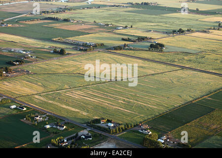 Une vue aérienne des terres agricoles avec des bras d'aspersion et d'autres méthodes d'irrigation agricole. Banque D'Images