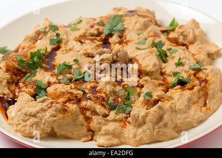 Ottoman traditionnel fait maison, viande de poulet circassien râpé dans la sauce de noix, arrosé d'huile de noix de couleur avec le paprika Banque D'Images